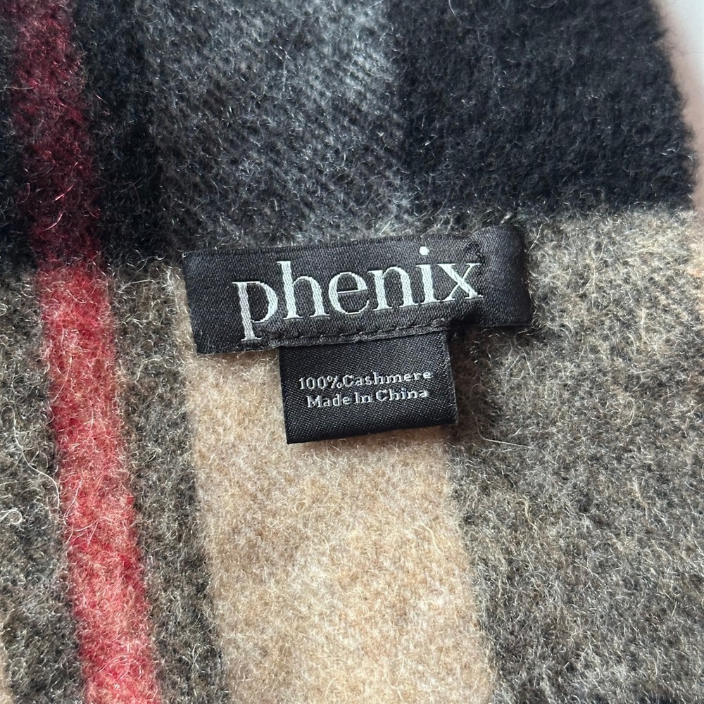 Phenix 100% Cashmere Plaid Scarf Tan Black Red Fringe Unisex Luxury Winter Wrap - Picture 2 of 5